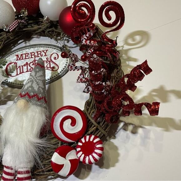 Christmas Grapevine Wreath Peppermint Gnome Let It Snow Handcrafted - Picture 6 of 11
